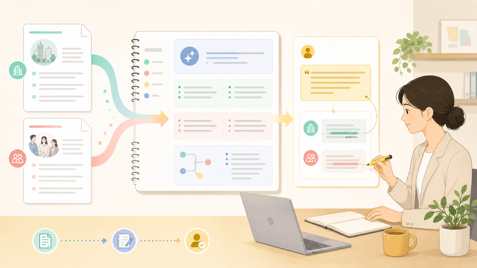 ภาพเอกสาร Company Profile และ Employee Handbook ไหลเข้าสู่ NotebookLM แล้วส่งคำตอบพร้อมจุดอ้างอิงให้เจ้าหน้าที่ HR ตรวจสอบ
